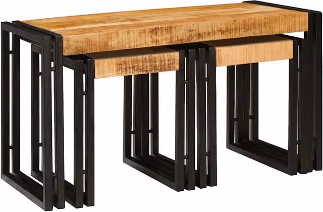 Set di 3 tavoli nesting in legno di mango e metallo stile industrial, colori marrone e nero