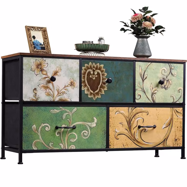 Comodino INONEFT con 5 cassetti in tessuto, mobiletto contenitore con cassetti in tessuto, mobiletto portaoggetti per soggiorno, stile vintage, dimensioni 100x30x55 cm