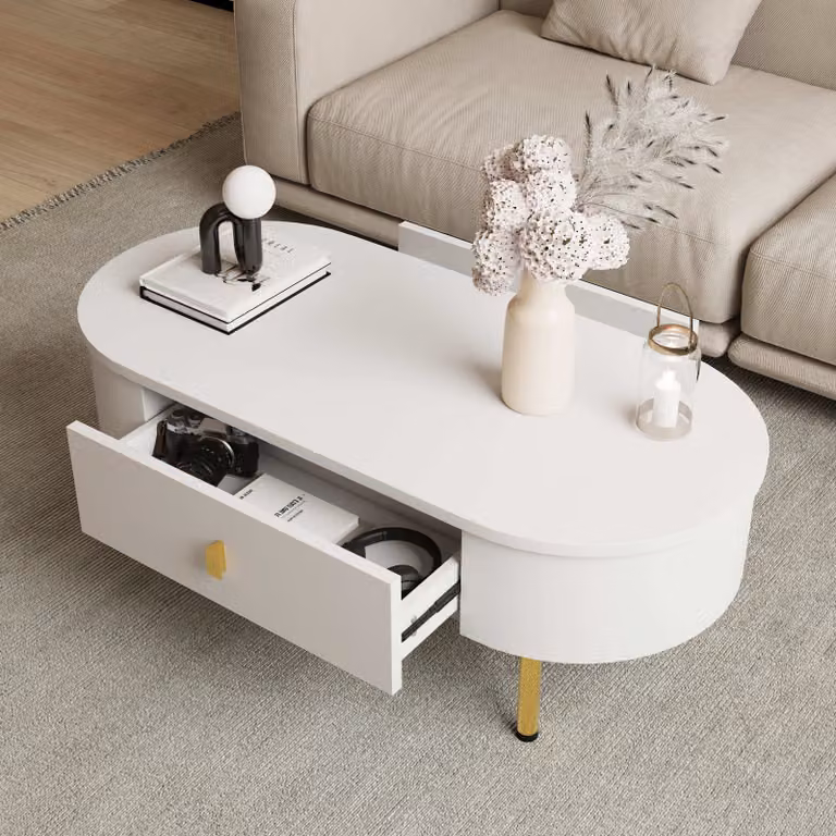 STILVORA Tavolino da salotto con due cassetti, tavolino con maniglie e gambe dorate, credenza con angoli arrotondati, bianco