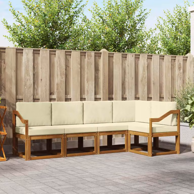 Set di divani da esterno vidaXL 5 pz in legno di acacia con cuscini, design moderno a L, colori beige e marrone