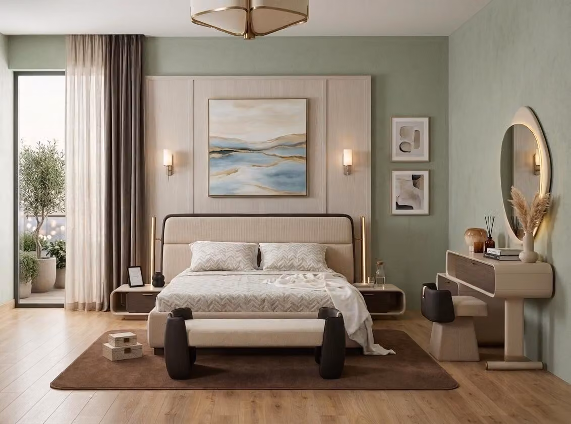 Set per camera da letto: letto, angolo trucco, panchina. Stile moderno, colore beige