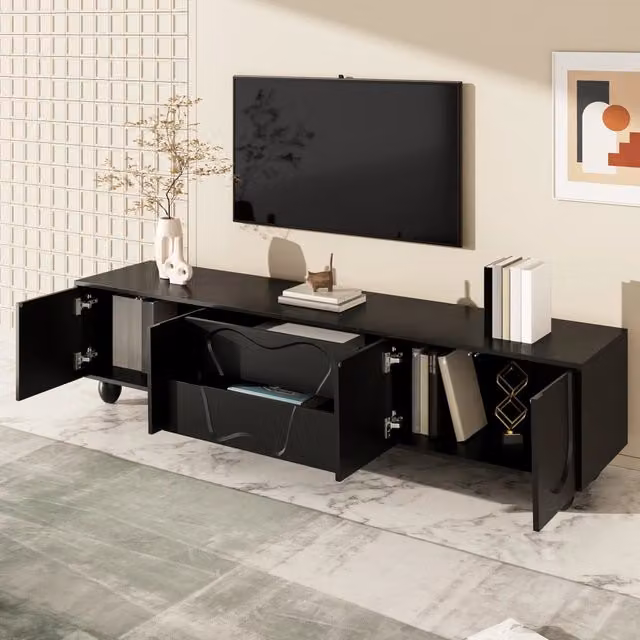 Mobile TV con ante curve e cassetti in pannello truciolare nero opaco con gambe in legno 180 × 40 × 42 cm