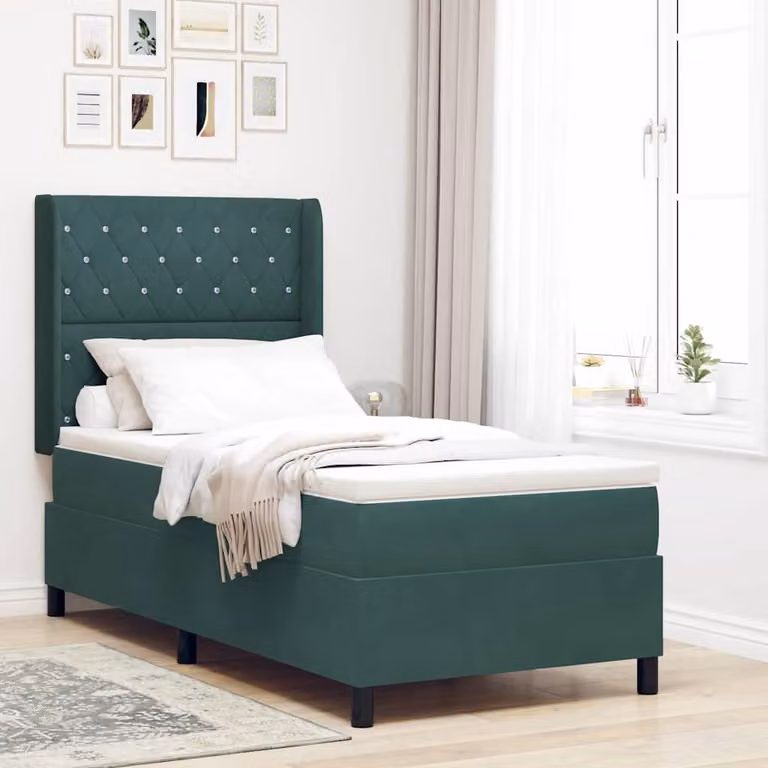 Letto a molle con materasso e illuminazione a LED, colore verde scuro, dimensioni 100 x 200 cm, rivestito in velluto