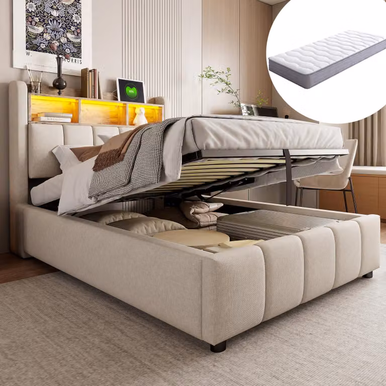 Letto imbottito 90x200 cm completo di materasso, illuminazione LED, porte USB e di tipo C, vano contenitore con sistema a sollevamento idraulico, testiera con ripiano, rivestito in lino