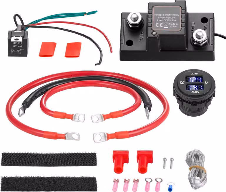 Kit doppio relè staccabatteria - Isolatore VSR 12V 80A - Con voltmetro LCD - Gestione automatica della carica - Interruttore staccabatteria integrato - Per piombo-acido - Per ATV/UTV