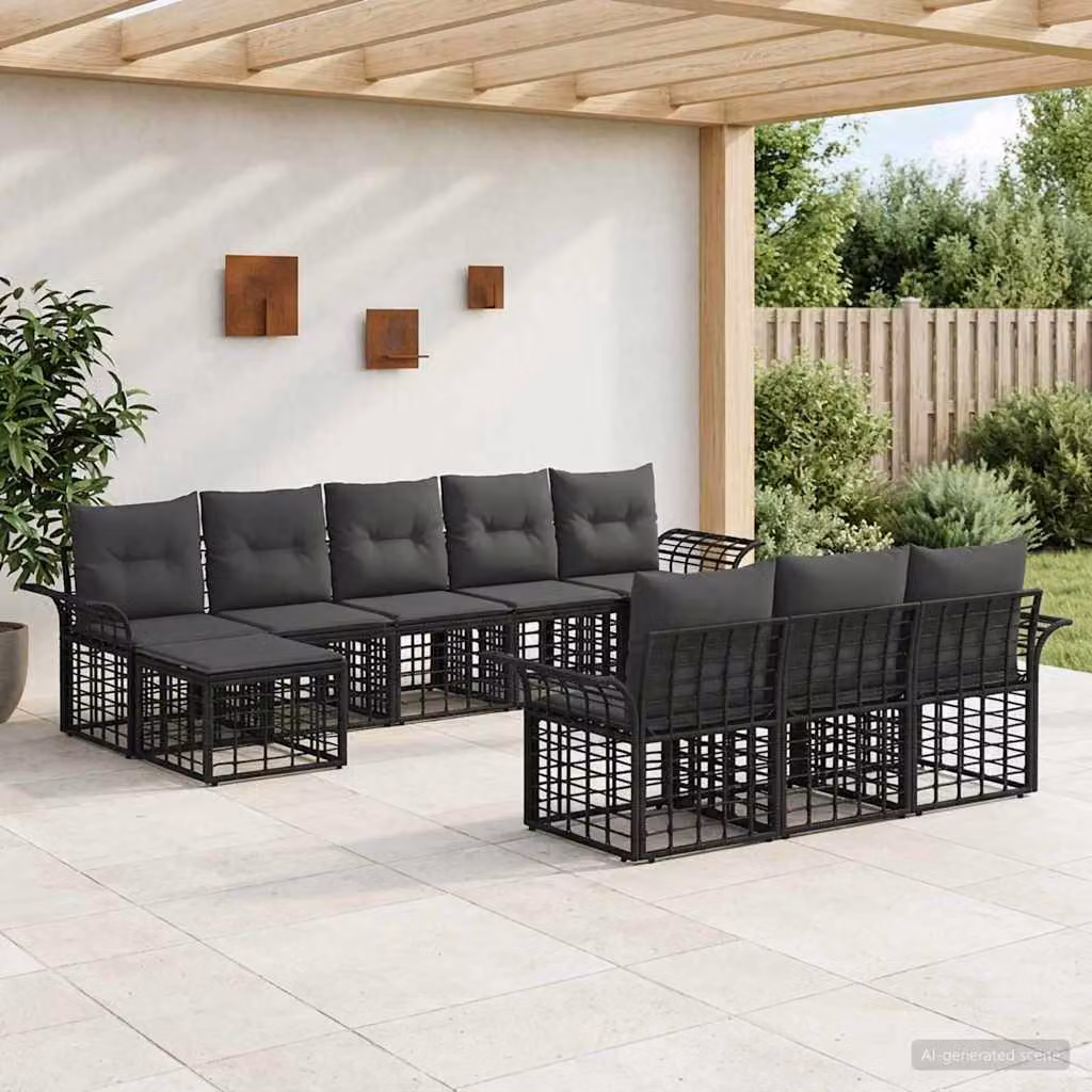 Set di divani da esterno vidaXL a forma di U composto da 10 pezzi con elementi angolari e pouf, colore nero e grigio, struttura in acciaio verniciato a polvere e cuscini con rivestimenti rimovibili resistenti ai raggi UV