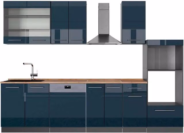Cucina componibile moderna Vicco Fame-Line Blu scuro lucido e Antracite con armadio alto e piano Rovere, L: 300 cm, H: 215,6 cm, P: 60 cm