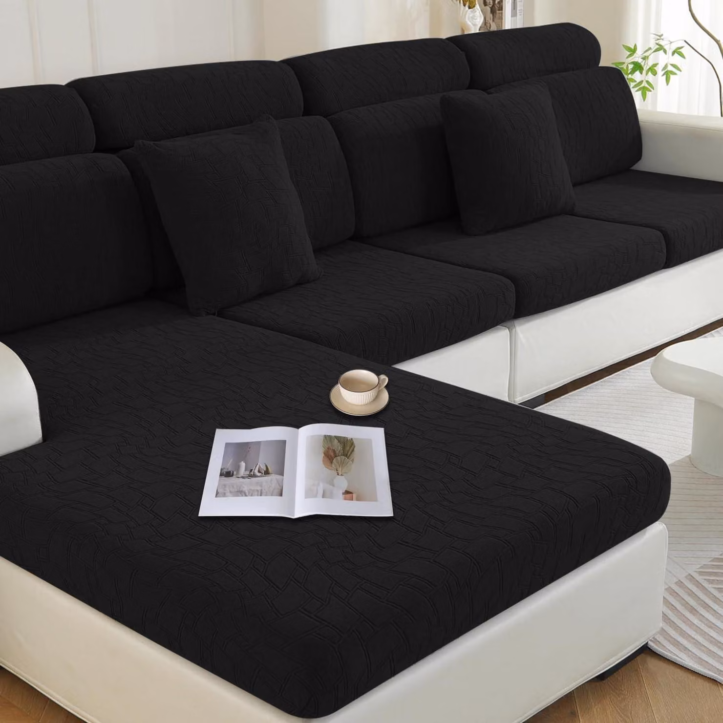 Copertura per cuscino da seduta, elasticizzata, a forma di L, per 1 posto * 3 posti + chaise longue, colore nero