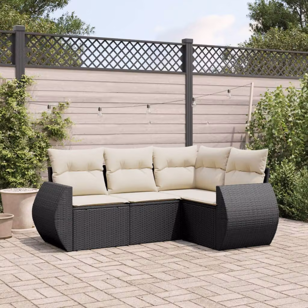 Set di divani da giardino vidaXL a forma di L composto da 4 pezzi con cuscini, struttura in metallo e rattan nero e bianco – 1