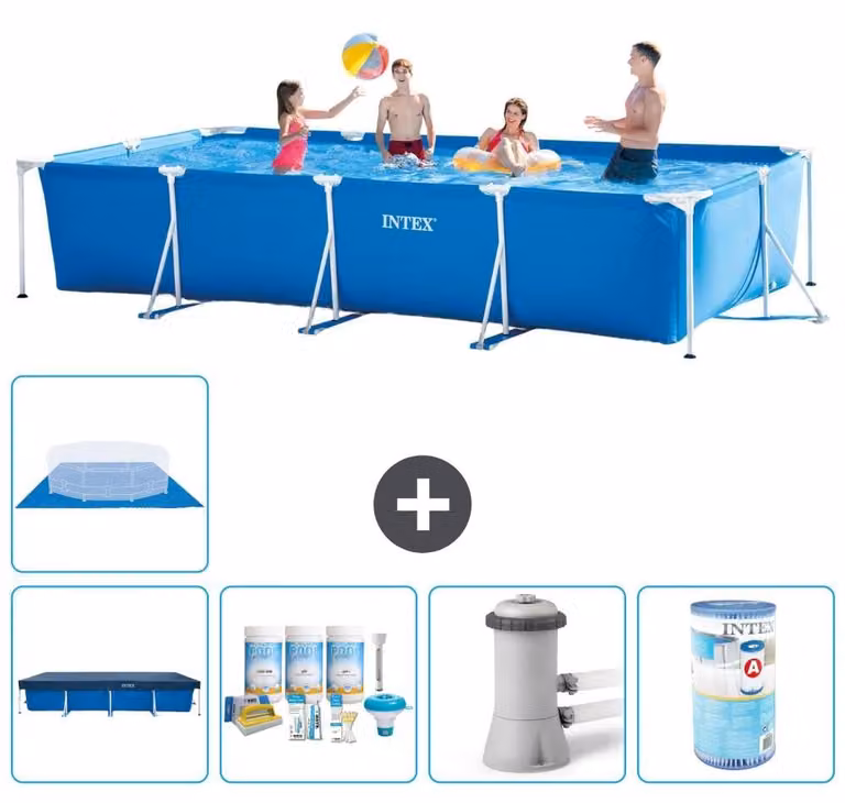 Piscina rettangolare - 450 x 220 x 84 cm - Blu - Completa di telo copri-piscina - Kit di manutenzione - Pompa e filtro per piscina - Filtro - Telo per il fondo della piscina