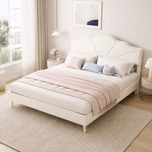 Letto matrimoniale imbottito 160x200 cm beige in tessuto e metallo