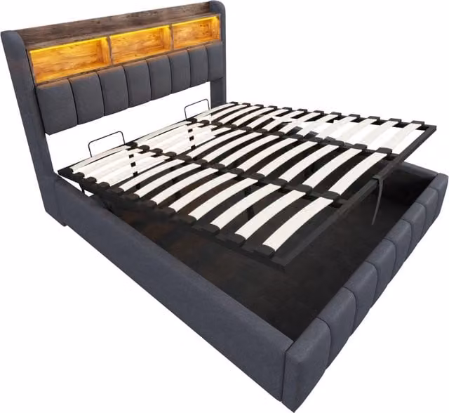 Letto matrimoniale imbottito 180x200 cm in lino grigio con illuminazione LED e porta USB, con contenitore idraulico e testiera con ripiani
