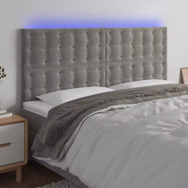 Testiera per letto con illuminazione LED e porta USB vidaXL in velluto grigio, L: 200 cm, H: 118-128 cm, P: 5 cm