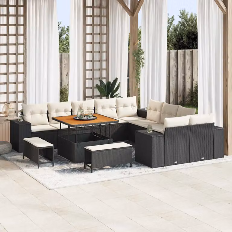 Set Divano da Giardino vidaXL 13 Pezzi con Cuscini Nero e Beige in Polyrattan e Acciaio