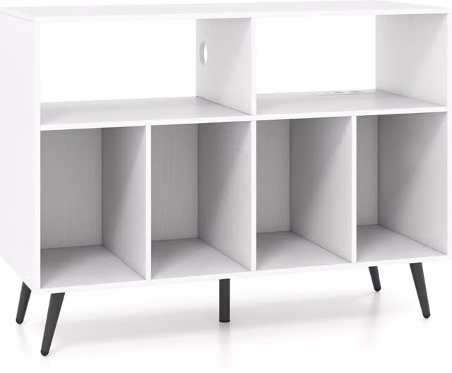 Mobile per giradischi e mensole per vinili DESIGN IN, colore bianco opaco, con scomparti multimediali e pannello posteriore – 1