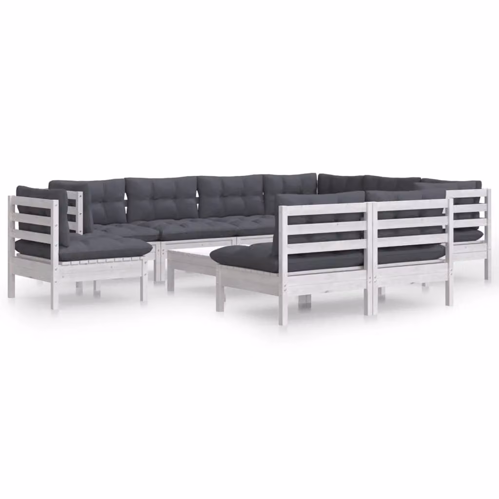 Set Divani da Giardino 10 pz con Cuscini Bianchi Legno di Pino