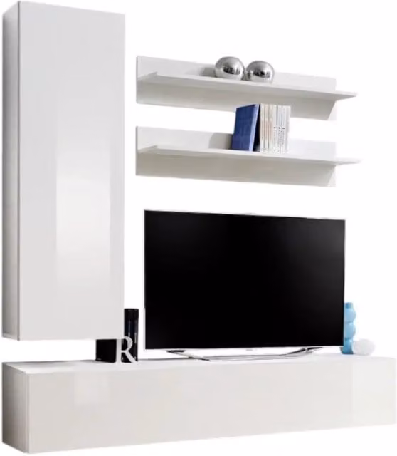 Composizione murale FLY H1 - Bianco lucido - Mobile TV sospeso con colonna e scaffali - Design moderno