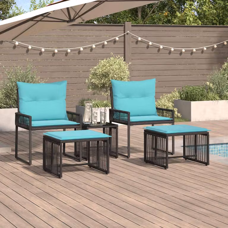 Set di mobili da esterno vidaXL in rattan e metallo da 11 pezzi, colore nero e turchese