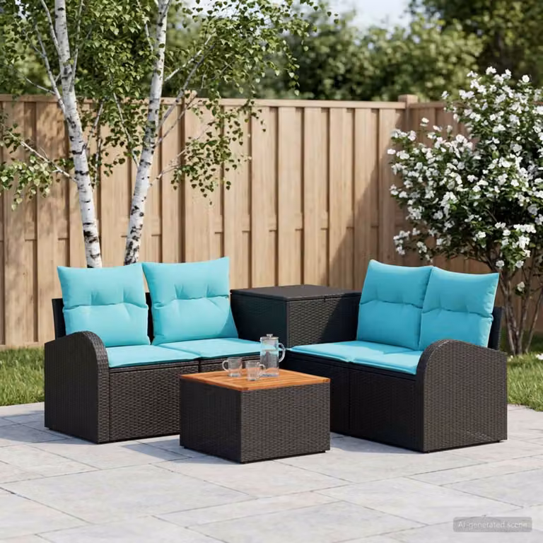 Set di divani da giardino a forma di L vidaXL composto da 6 pezzi con tavolino e pouf, colore nero e blu, in rattan sintetico e acciaio verniciato a polvere