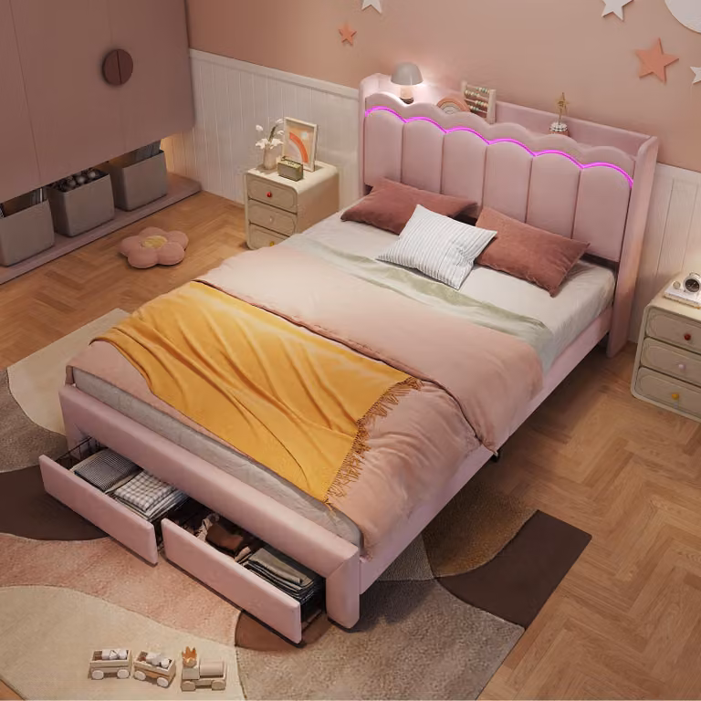 Letto imbottito Flieks, 140 x 200 cm, con testiera, letto matrimoniale con cassetti, lettino per bambini con superficie di appoggio e illuminazione LED, colore rosa, materiale: velluto + compensato + MDF