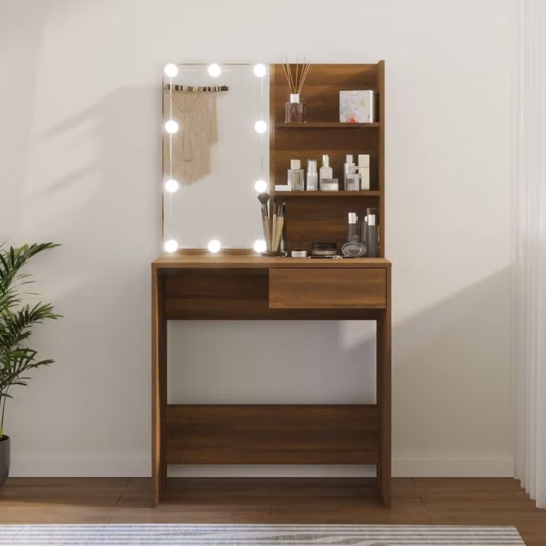 The Living Store Comodino con LED in rovere marrone 74,5x40x141 cm