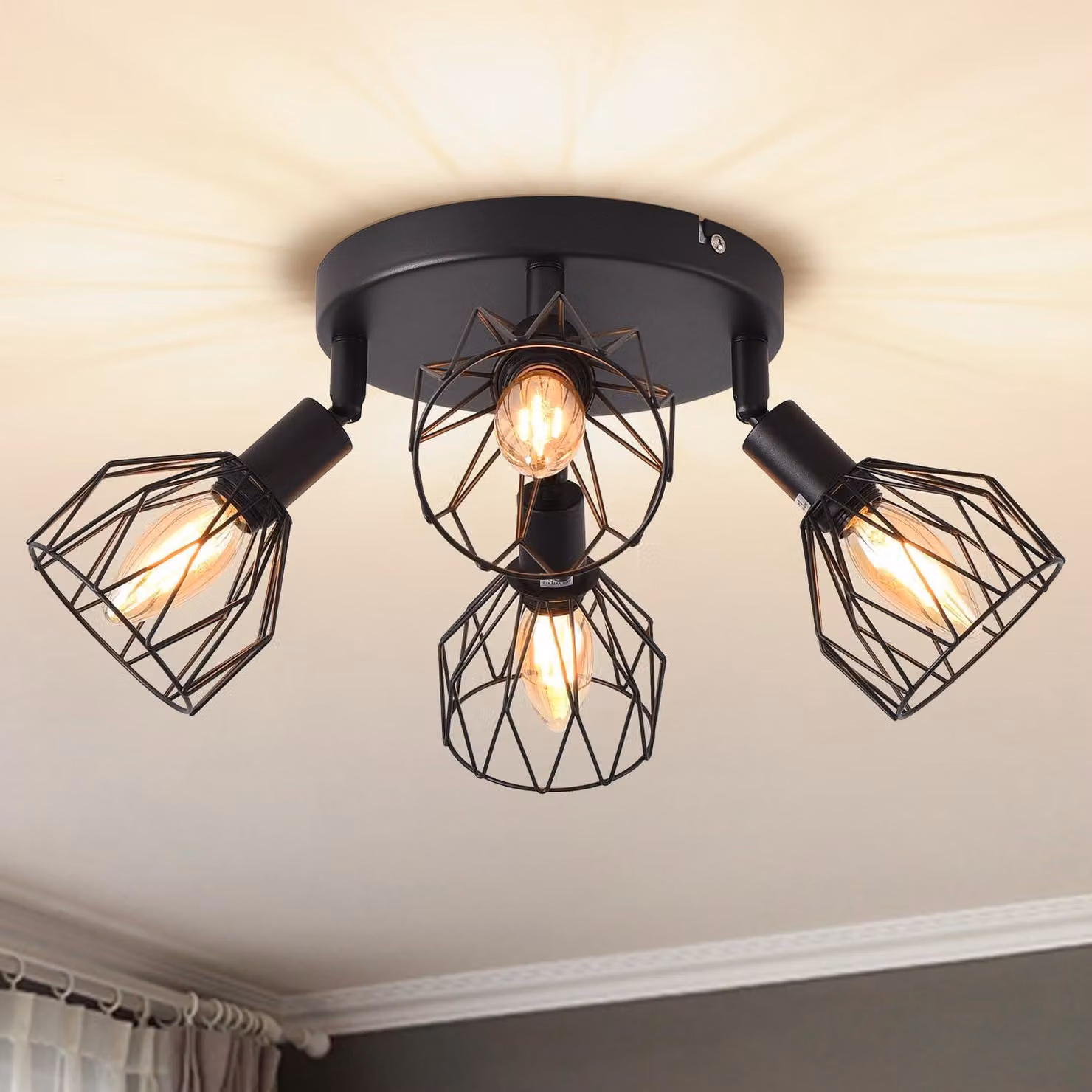 ANWIO, plafoniera a 4 luci, lampada da soffitto vintage nera, attacco E14, girevole. Plafoniera nera con base rotonda. Plafoniera, lampada da soffitto a LED, lampada per soggiorno o cameretta (senza lampadine)
