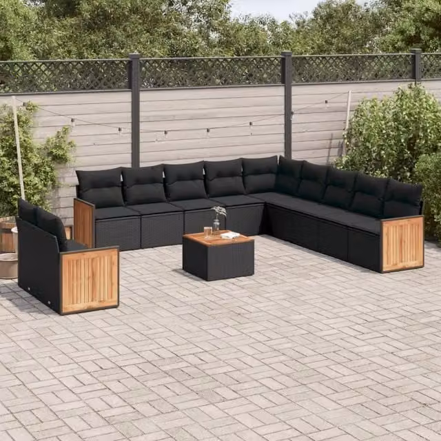 Set di Divani da Giardino vidaXL in Polyrattan Nero con Cuscini e Tavolino da Esterno – 1