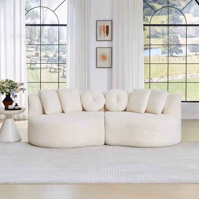 Desviae Divano modulare in ciniglia beige con due basi componibili schienale continuo e set di sei cuscini assortiti