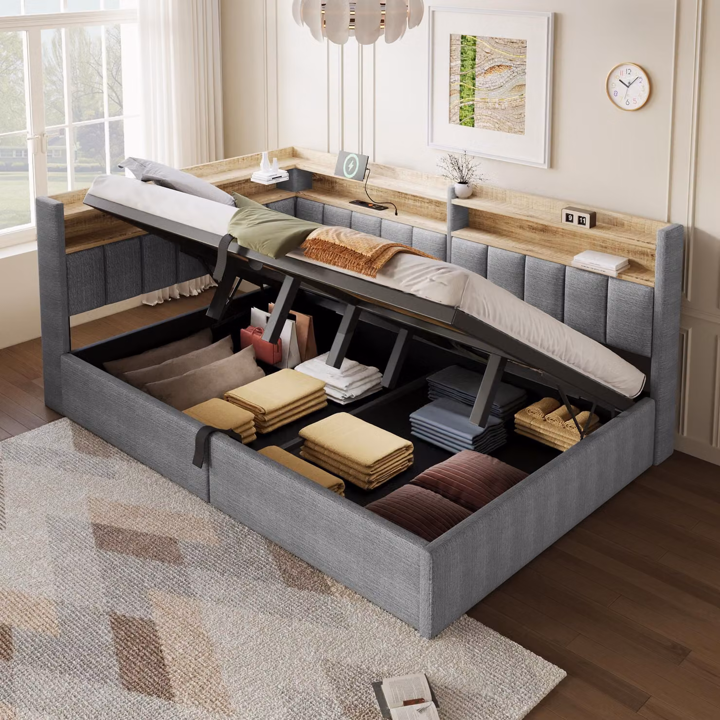 Divano letto Flieks 140x200 cm con USB, divano letto giornaliero con LED, letto per ragazzi con sistema idraulico, imbottito e con testiera, letto contenitore in velluto, grigio