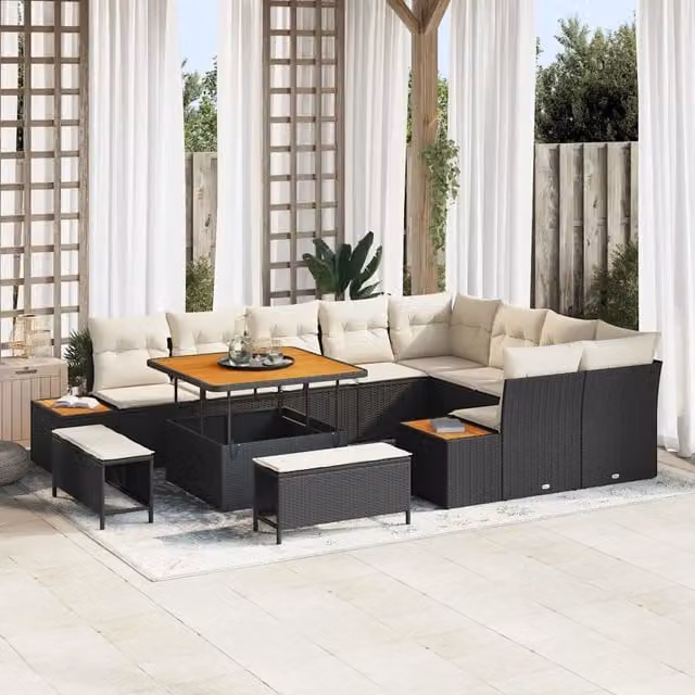 Set Divano da Giardino vidaXL a Forma a U con 12 Posti, Colore Nero, con Cuscini e Tavolino da Esterno – 1