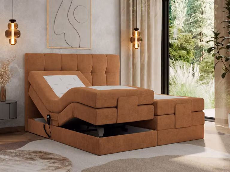 Letto a molle insacchettate MKS MEBLE 140 x 200 cm regolabile elettricamente Materasso a molle insacchettate a 7 zone con topper Letto 140 x 200 cm con motore Letto imbottito Letto motorizzato - Vittoria - Struttura arancione - H4