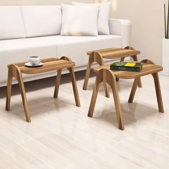 Set di 3 tavolini da salotto DMORA in legno marrone, design moderno con angoli arrotondati, L/P/H: 49 x 36 x 42 cm