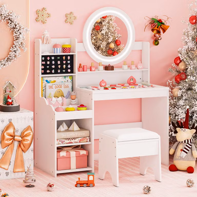Costway Scrivania da trucco per bambini con specchio Hollywood LED e sgabello imbottito, Bianco