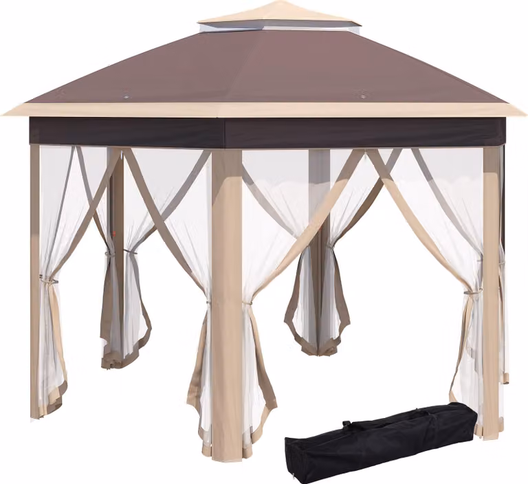 Tenda da giardino Outsunny, modello pieghevole con 6 pannelli laterali, tetto a doppia falda, colore beige e kaki