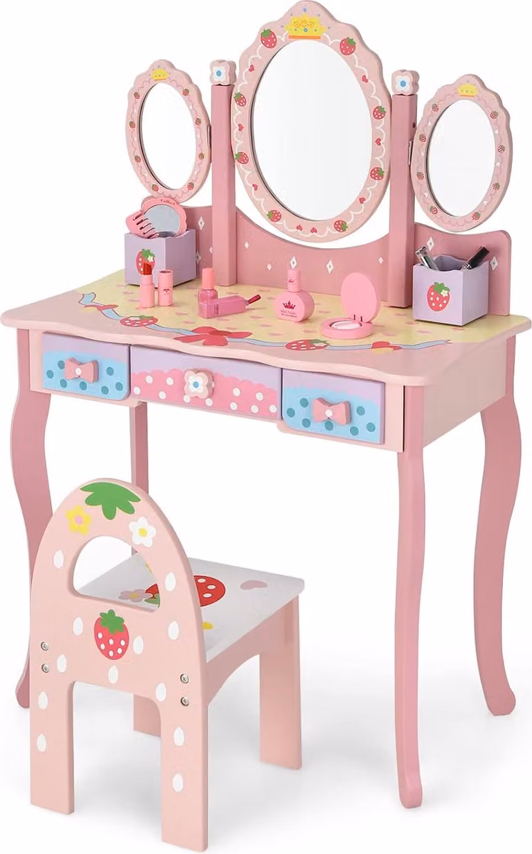 Set da toilette per bambini COSTWAY, toilette da principessa con specchio pieghevole, sgabello per il trucco e 3 cassetti, toilette da trucco per bambine (rosa)