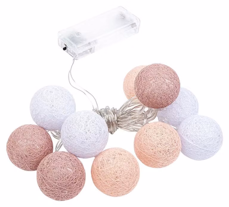 Catena luminosa a LED con 10 palline di cotone, diametro 35 mm, con timer