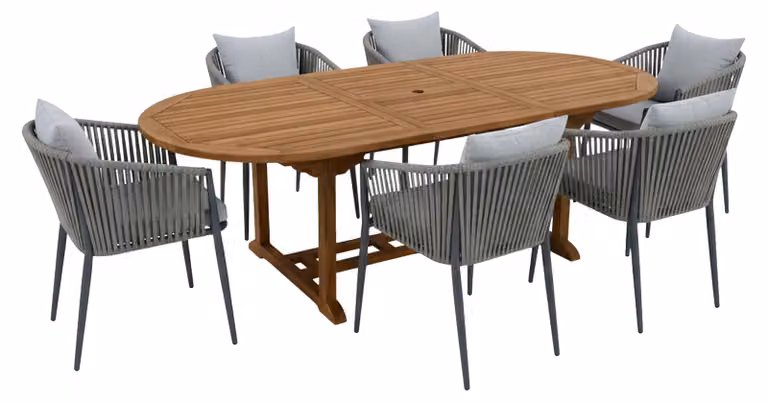 AXI Marzi/Faye Set da giardino, 7 pezzi per 6 persone - Antracite | Set da pranzo in teak con tavolo da giardino ovale allungabile | Con 6 sedie da giardino, cuscini di seduta in olefina inclusi