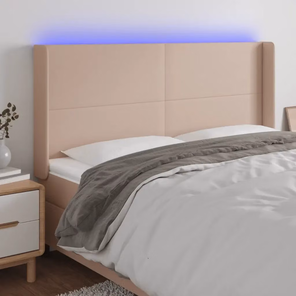 Testata del letto con illuminazione LED e porta di ricarica USB in similpelle color cappuccino, L 203 cm x P 16 cm x H 118/128 cm – 2
