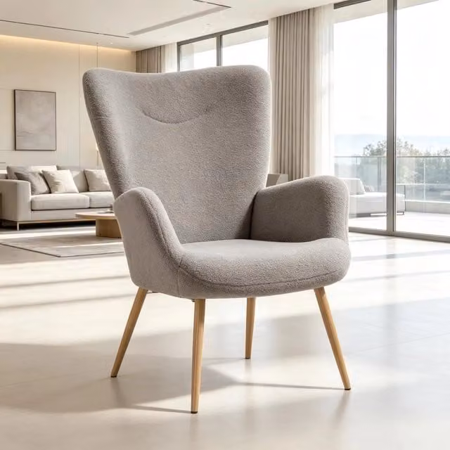Poltrona MIVRAY con schienale alto e braccioli in tessuto grigio e gambe effetto legno L: 71 cm, P: 97,5 cm, H: 74 cm