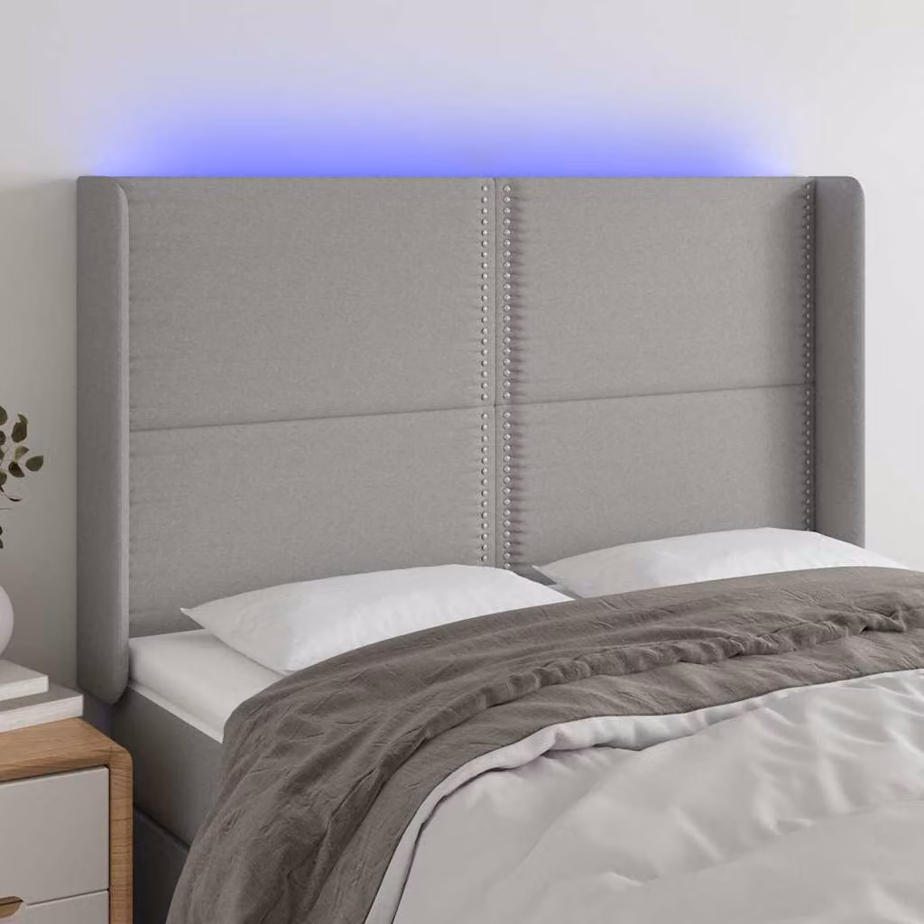 Testiera per letto con LED e porte USB vidaXL in tessuto grigio, L: 147 cm, P: 16 cm, H: 118/128 cm
