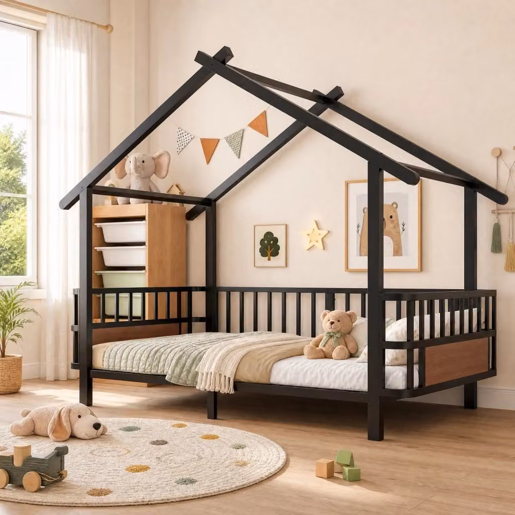 Letto a casetta per bambini MODFU in metallo nero con sponde di sicurezza e tetto decorativo L/P: 200 x 90 cm – 2