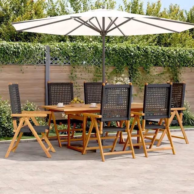 Set Pranzo da Giardino vidaXL in Polyrattan e Legno di Acacia Nero, 7 Pezzi