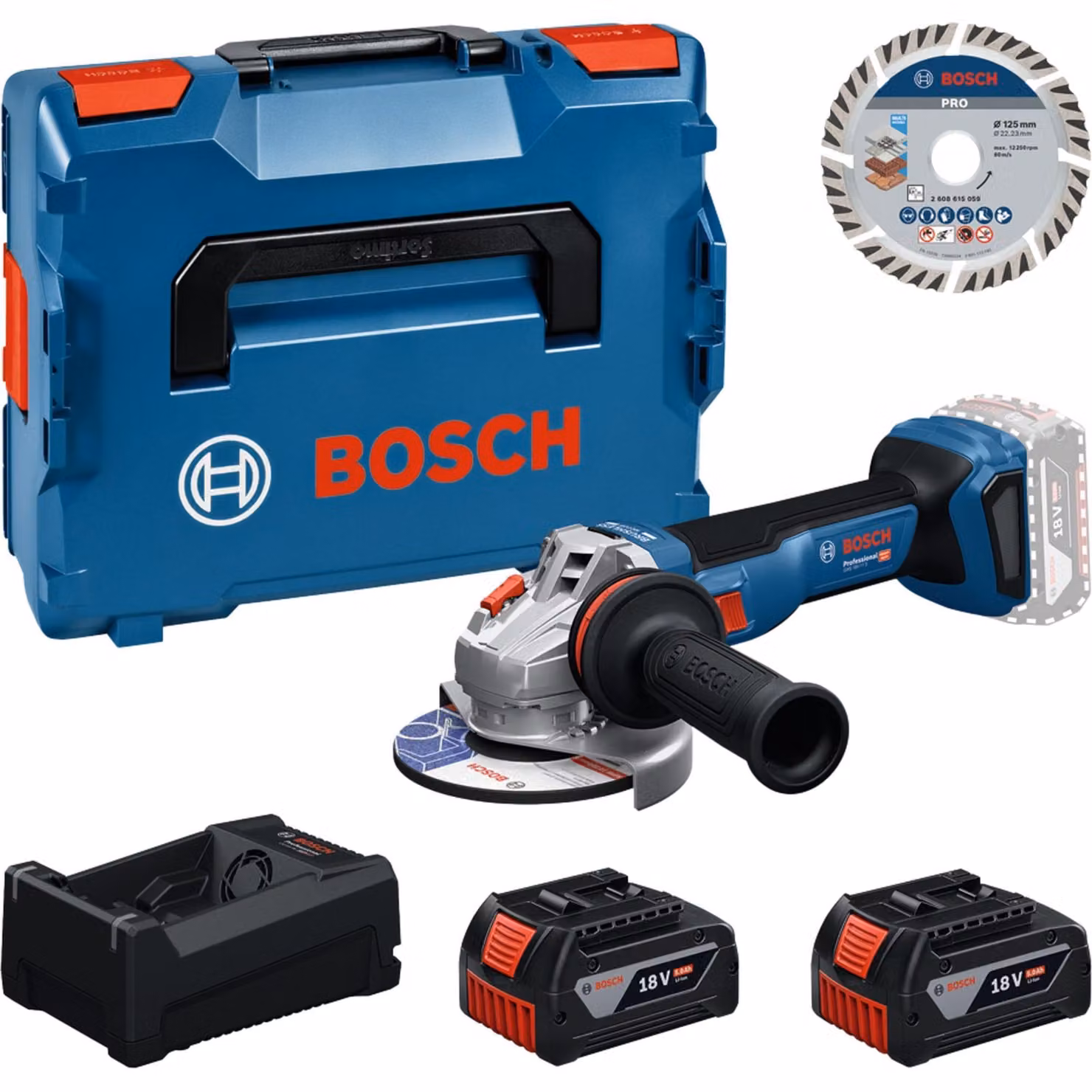 Bosch Professional Set di utensili Bosch: smerigliatrice angolare a batteria GWS 18V-11 S + 2 batterie GBA da 5 Ah + GAL + disco da taglio da 125 mm in L-BOXX