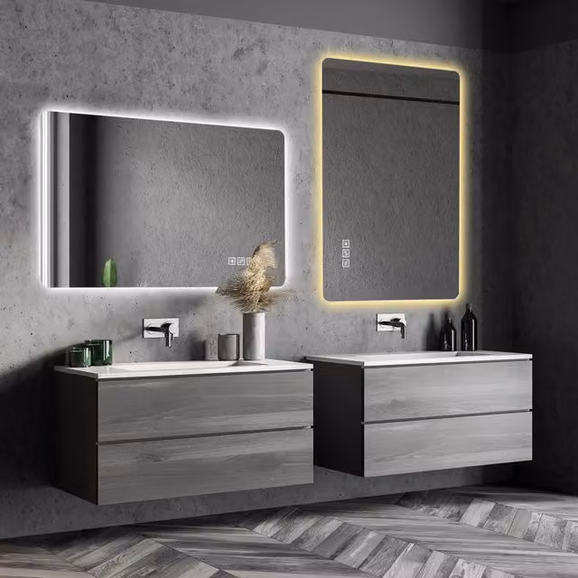 Specchio da bagno OKWISH moderno con retroilluminazione LED dimmerabile e funzione anti-appannamento, colore argento, L: 111 cm, H: 71 cm