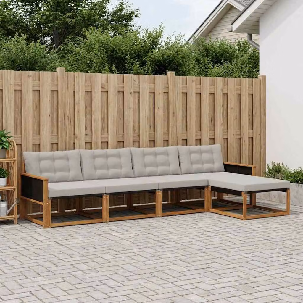 Set di divani da esterno vidaXL a forma di L con pouf, struttura in legno di acacia trattato e sedute in textilene, beige e grigio