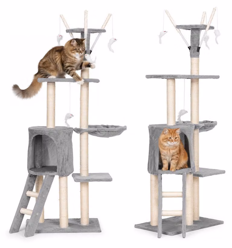 Albero per gatti multifunzione: tiragraffi, cuccia, torre per arrampicata, 134 cm, grigio, marca Petsi
