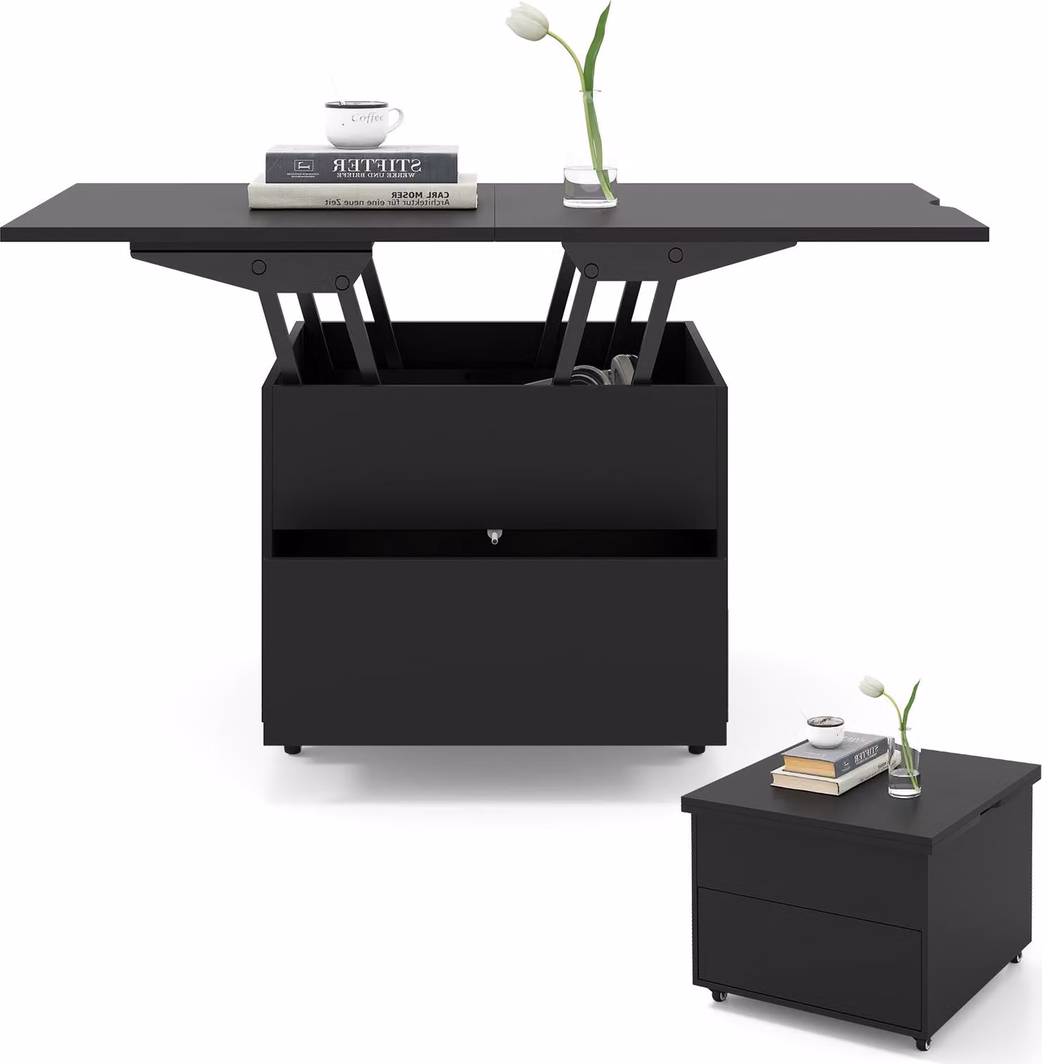 COSTWAY Tavolino da salotto, tavolino con cassetto, rotelle e spazio contenitivo, tavolino 3 in 1 come tavolino da caffè, tavolino da pranzo e tavolino da divano, nero