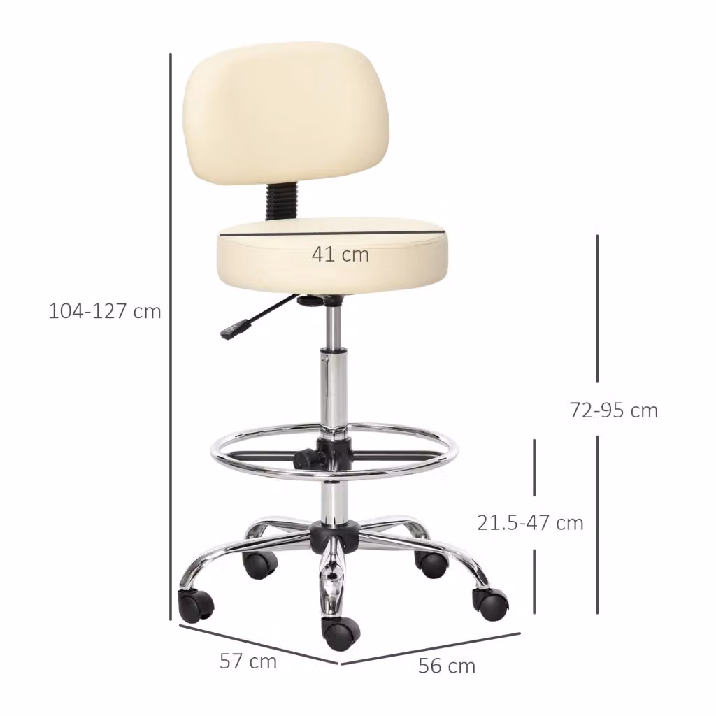 Sgabello da bar MIVRAY con schienale regolabile in altezza, rivestito in similpelle beige con ruote e base in metallo, H: 104-127 cm, L: 56 cm, P: 57 cm – 2