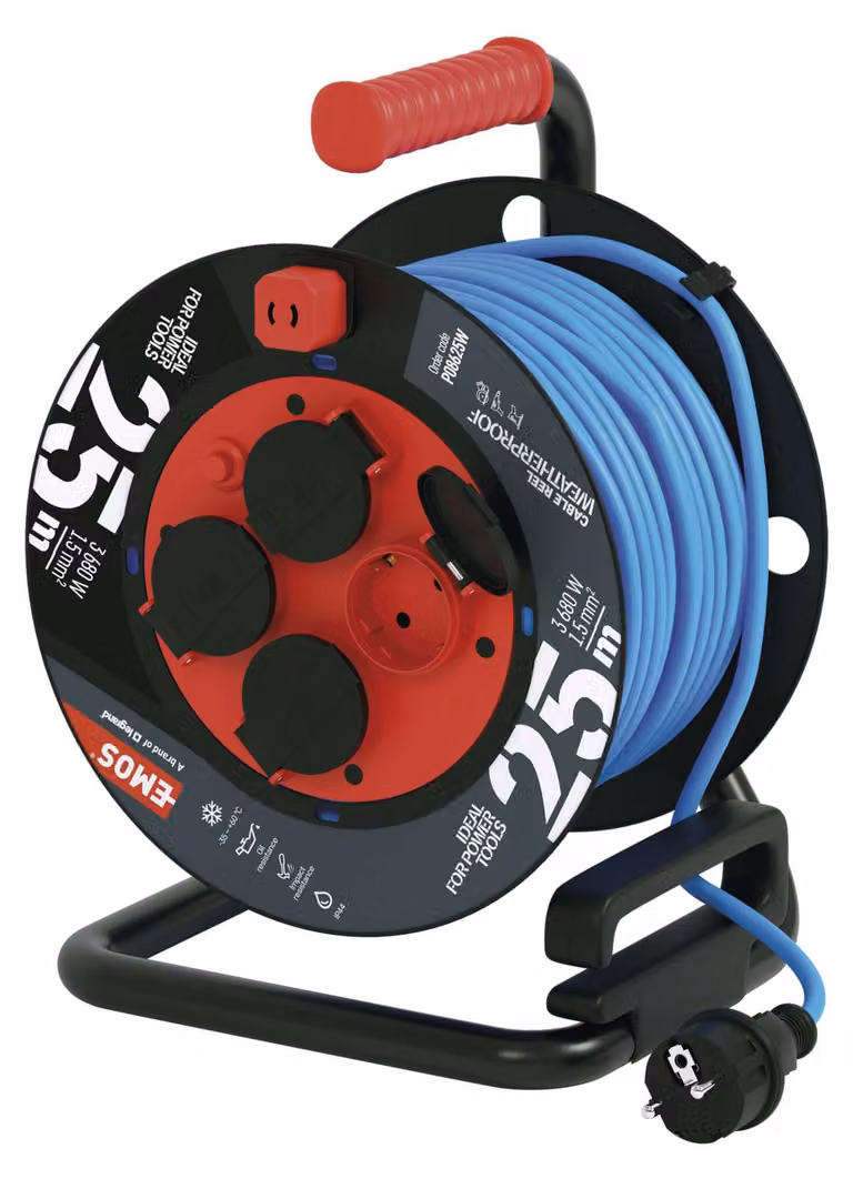 Avvolgicavo per esterni antigelo EMOS con isolamento in silicone, 25 m di cavo 1,5 mm2 con 4 prese a terra, IP44, resistente al gelo, P08625W