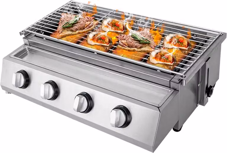 Barbecue a gas - Barbecue da tavolo/plancha - 4 bruciatori - Acciaio inossidabile - Gas in bombole/propano - 58×40×20 cm - Grigio chiaro